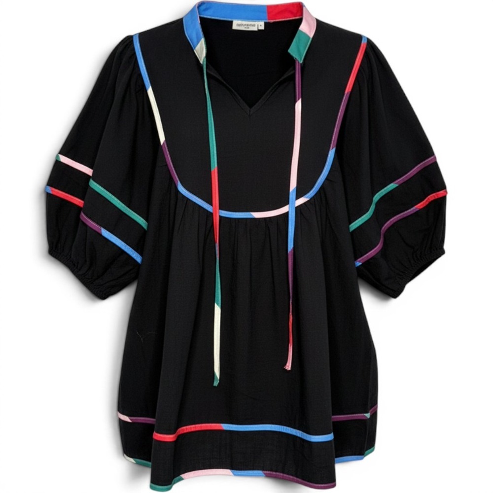 Cicy Bell Puff Sleeve Blouse Women XL Black Multi Color Ribbon Trim NEW Babydoll